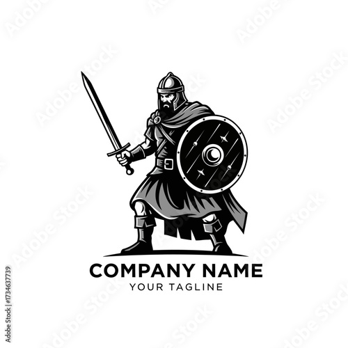Monochrome illustration of a warrior with sword and shield, ready for battle.
