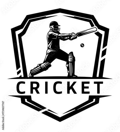 Cricket sports emblem featuring batsman action silhouette and text logo design vector