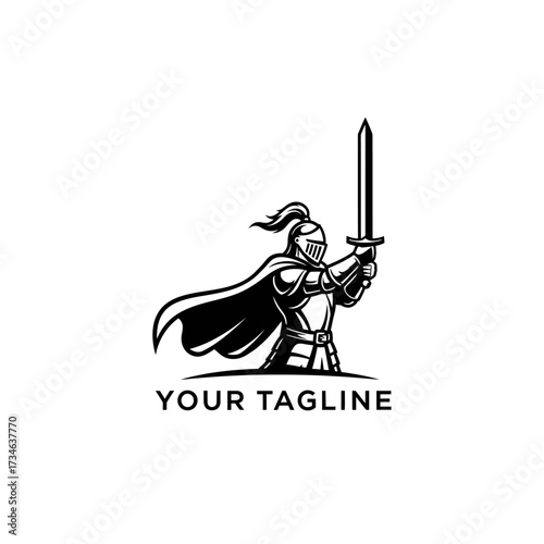 Black and white illustration of a knight in full armor with a cape, holding a sword upright, suitable for a logo.