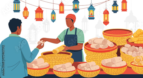 Vibrant illustration showcasing a bustling Ramadan street food vendor and customer exchange