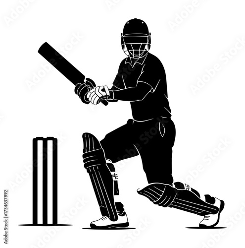 Dynamic silhouette of a cricket batsman in action ready to hit the ball vector
