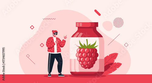 Vibrant raspberry jam promotion with a trendy character and geometric elements design