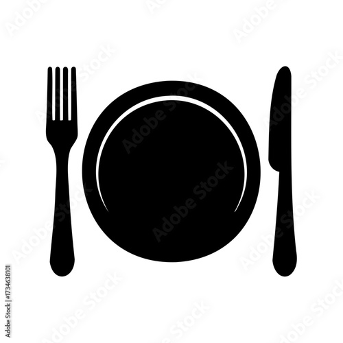 Simple black silhouette of a plate setting with fork and knife design