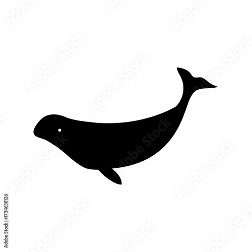 Single black silhouette of a bowhead whale swimming on a white background