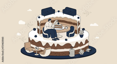 Whimsical cake world illustration showcasing a man dining on a slice within the cake layers