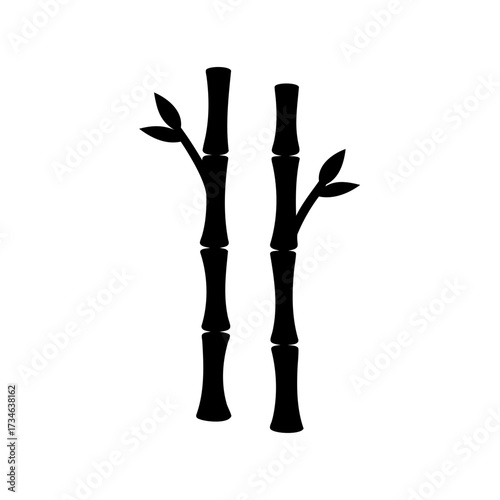 Two simple black bamboo stalks with leaves on a white background illustration