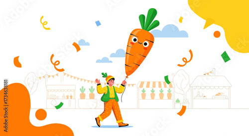 Whimsical celebration of fresh produce with a giant carrot balloon and cheerful confetti a festive