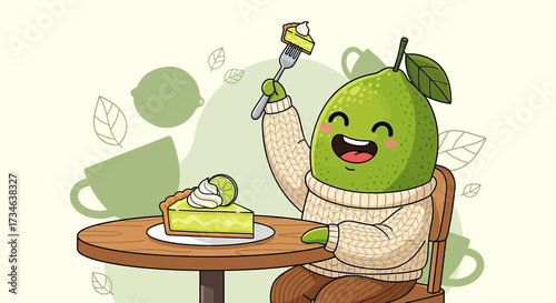 Whimsical lime character enjoying key lime pie in a cozy cartoon setting illustration