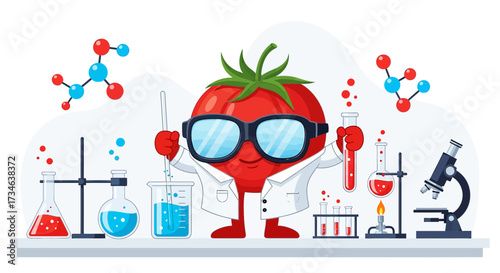 Whimsical Tomato Scientist Cartoon Illustration Conducting Experiments in a Laboratory
