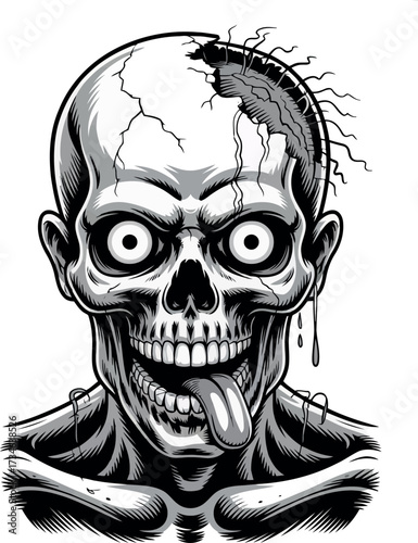 This is a detailed, black and white illustration of a decaying human face with wide, vacant eyes and a lolling tongue, strongly resembling a zombie.