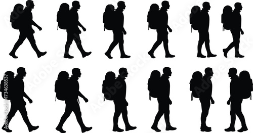 Black silhouette hikers walking in pairs with backpacks — vector set for travel, adventure, trekking, tourism, outdoor lifestyle, and hiking design projects