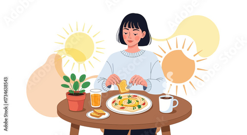 Woman enjoying a healthy breakfast with sunny ambiance and vibrant cartoon illustration