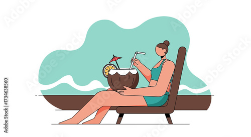 Woman enjoying a tropical coconut drink on a lounge chair at the beach vacation