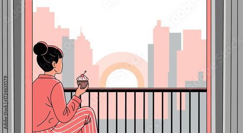 Woman enjoying cupcake on balcony with city view a moment of urban serenity