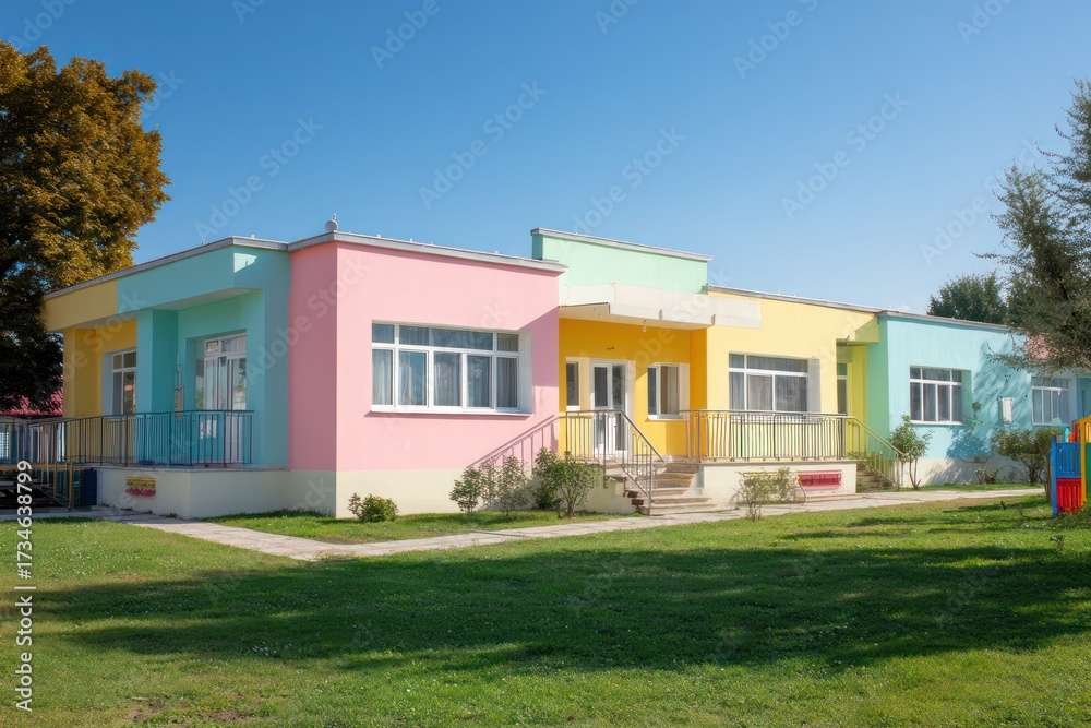 Fototapeta premium Colorful Kindergarten Exterior Building on Sunny Day