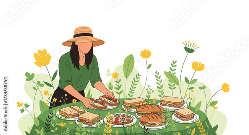 Woman preparing picnic with sandwiches and toasts in a floral garden setting illustration