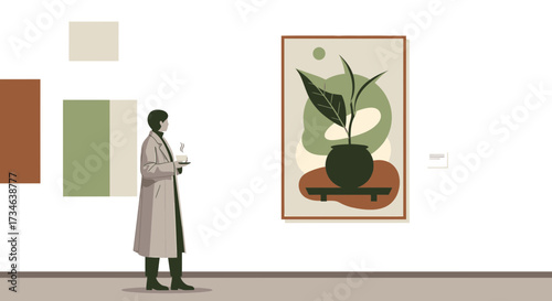 Woman with coffee admiring abstract art in a gallery exhibiting contemporary works