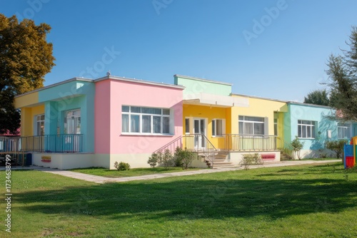 Colorful Kindergarten Exterior Building on Sunny Day