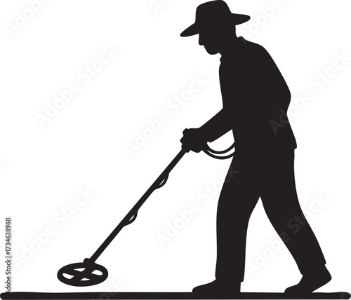 Metal Detectorist Sweeping Beach for Treasure Silhouettes - Hobby Vector