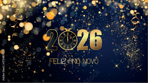 cartão ou banner para desejar um feliz ano novo 2026 em dourado o 0 é substituído por um relógio em fundo azul com círculos e glitter dourado em efeito bokeh