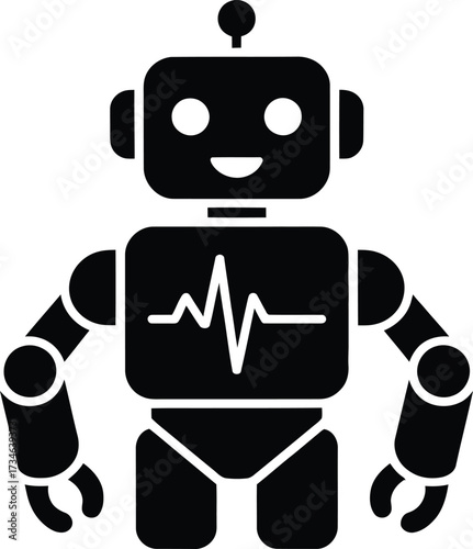 Cute black robot character with heartbeat graphic on chest for tech and medical themes