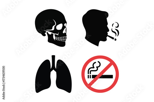 Smoking dangers skull lungs no smoking sign and smoker silhouette