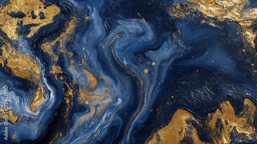 Abstract art with swirling blue and gold patterns