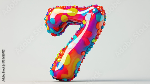 Colorful number seven with glossy finish and playful polka dots, perfect for celebrations or events. This vibrant design adds fun touch to any occasion
