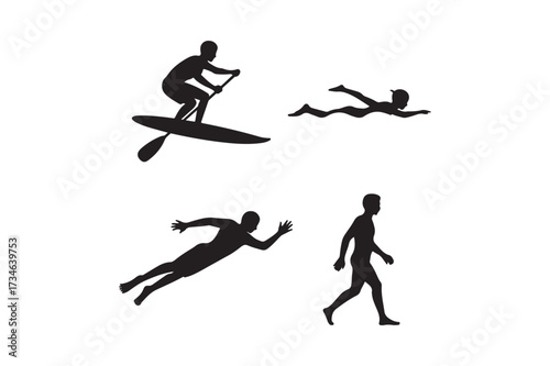Silhouettes of people engaged in various water and land sports activities