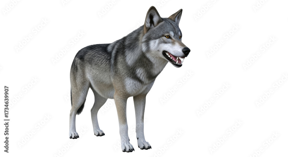 Obraz premium Isolated Gray Wolf Standing Staring Ahead with Mouth Open Showing Teeth without Background