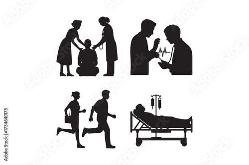 Medical care and health activities silhouettes