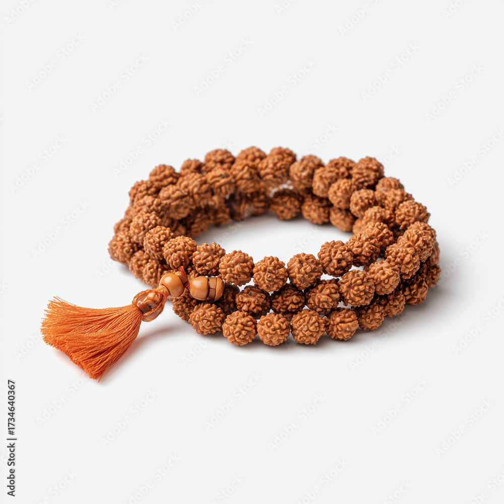 Obraz premium Traditional prayer beads rudraksha mala on white, suited for spiritual shop websites, yoga studio materials, and meditation product mockups