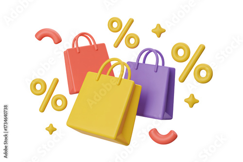 Colorful shopping bags and discount symbols create a fun, energetic retail vibe, perfect for advertising sales events and seasonal promotions online