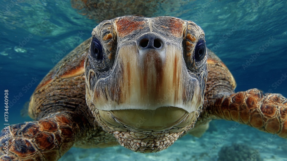 Fototapeta premium Turtle face close-up underwater.