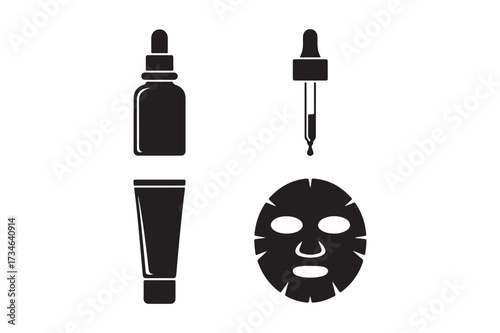 Skincare product icons including serum bottles cream tube and sheet mask