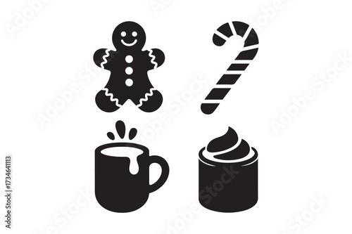 Christmas treats icons gingerbread man candy cane hot chocolate and whipped cream