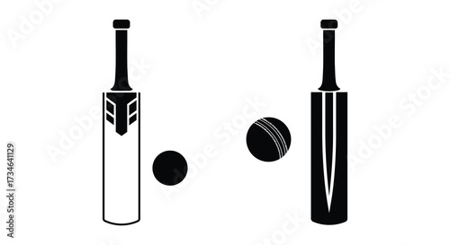 Black and white illustration depicting a cricket bat ball and wicket