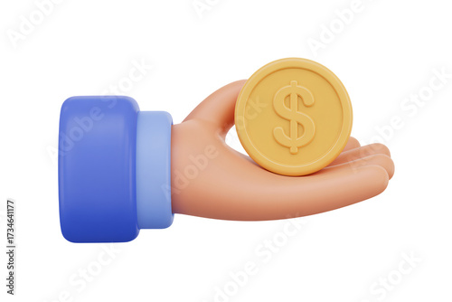 3D hand offering golden dollar coin, symbolizing investment, wealth, and financial success, perfect for banking, finance, and savings concepts