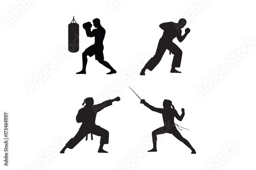 Silhouettes of martial arts and combat sports athletes in action