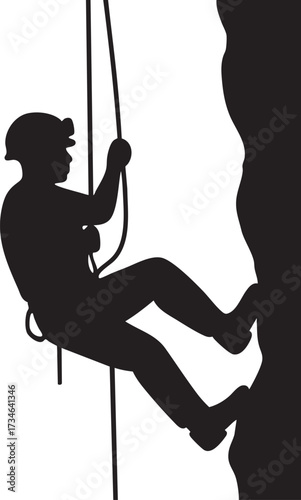Speleologist Rappelling into Cave Opening Silhouettes - Vertical Caving Vector