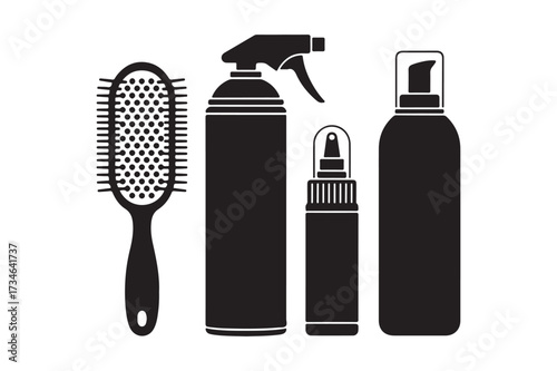 Black silhouette of hair styling products and brush