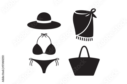 Black silhouette beachwear and accessories collection on white background