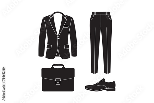 Classic black suit ensemble with briefcase and shoes
