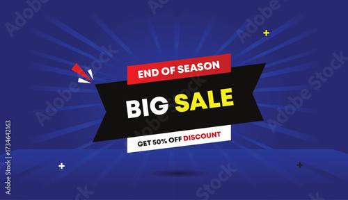 big sale end of season get fifty percent off discount editable web banner vector art template design badge icon label black red white gradient shapes blue light sun shine business abstract background