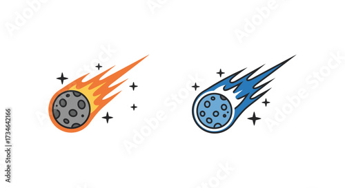 Two colorful shooting stars with craters streaking across a white background