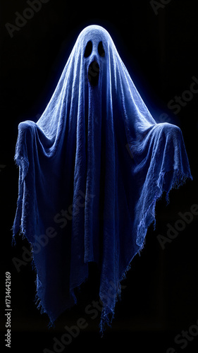 Ghostly figure of a ghost with blue light effect on dark background