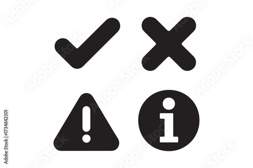 Four common icons check mark x warning and information symbols