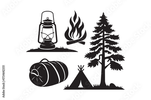 Vintage camping icons silhouette collection for outdoor adventures