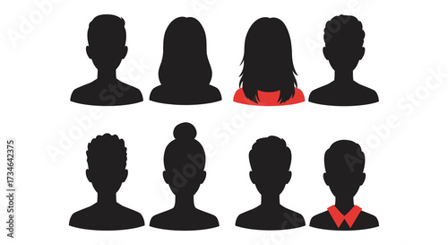 Diverse group of anonymous human head silhouettes in black and red