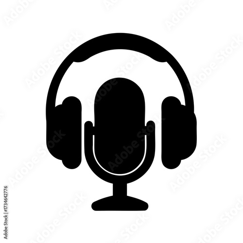Black and white illustration of headphones placed over a microphone, broadcasting concept